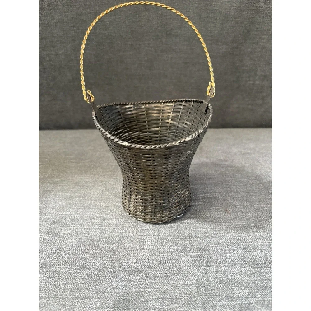 Vintage‎ Teleflora Gift Metal Woven Basket Tall Moveable Handle Silver Toned